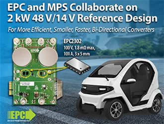 EPC與MPS合作開發2 kW、48 V/14 V、穩壓輸出電壓的DC-DC 参考設計板，採用 EPC 最新的GaN FET，實現更高效、更小、更快的雙向轉換器。
